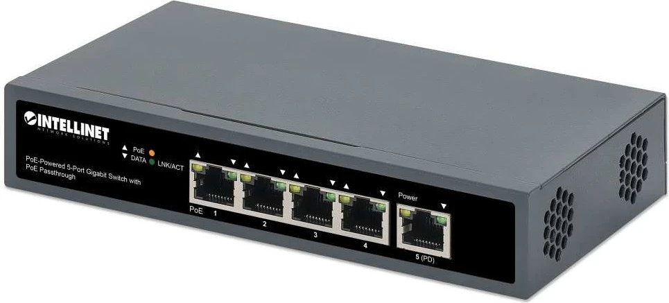 Switch Intellinet 561808, 5p Gigabit PoE Passthrough, i ushqyer nga PoE ose AC, 95W