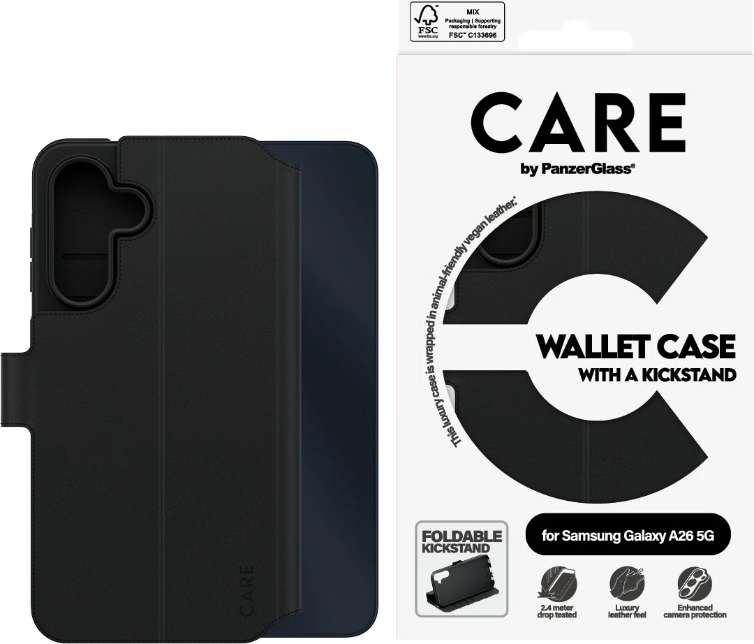 Mbështjellës PanzerGlass CARE Feature Wallet Case për Samsung Galaxy A26 5G, i zi