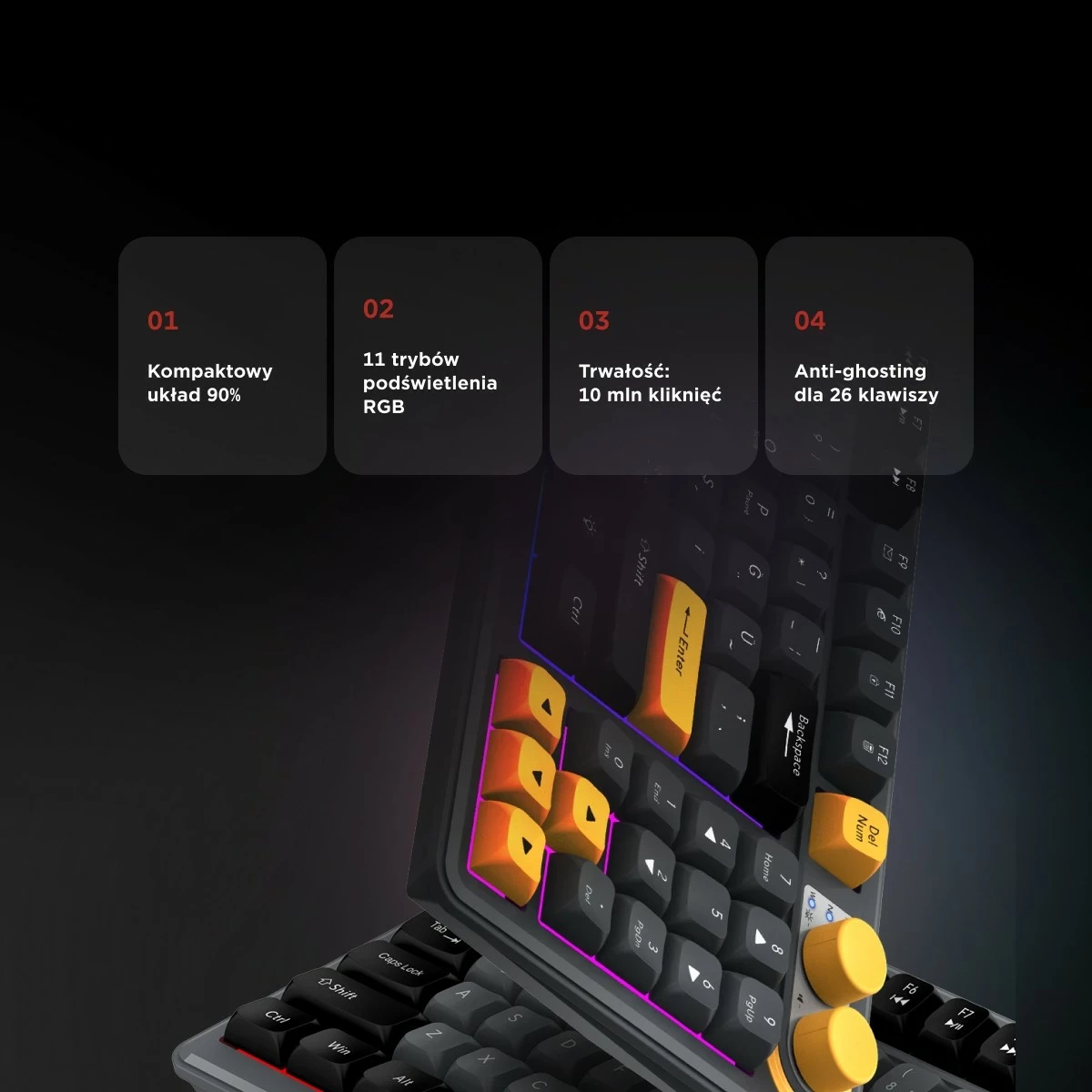 Tastierë gaming Rampage CYCLONE KNOB RGB 90%, 90 tasta, USB-C, e zezë