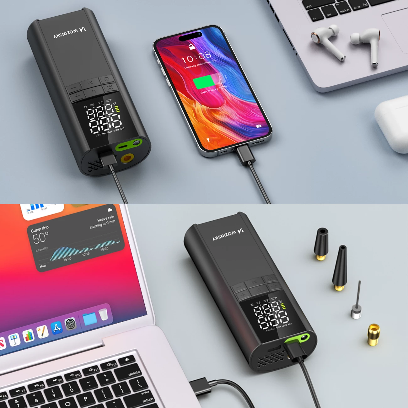 Kompresor elektrik Wozinsky WPEP-8000, power bank 8000 mAh, 150 PSI, USB-C, elektrik dore LED, e zezë