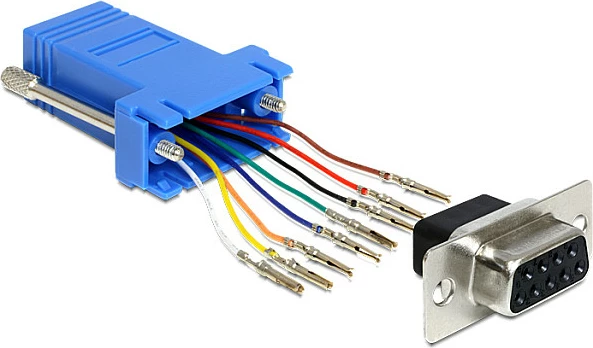 Adapter serial DeLOCK 65430, Sub-D 9-pin (DB9) F në RJ45 F, pinout i rregullueshëm, zi/kaltër/argjend