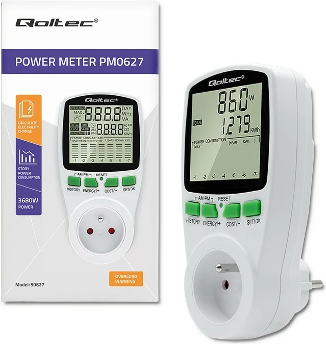 Matës i konsumit të energjisë Qoltec PM0627, 3680W, 16A, LCD, Bardhë
