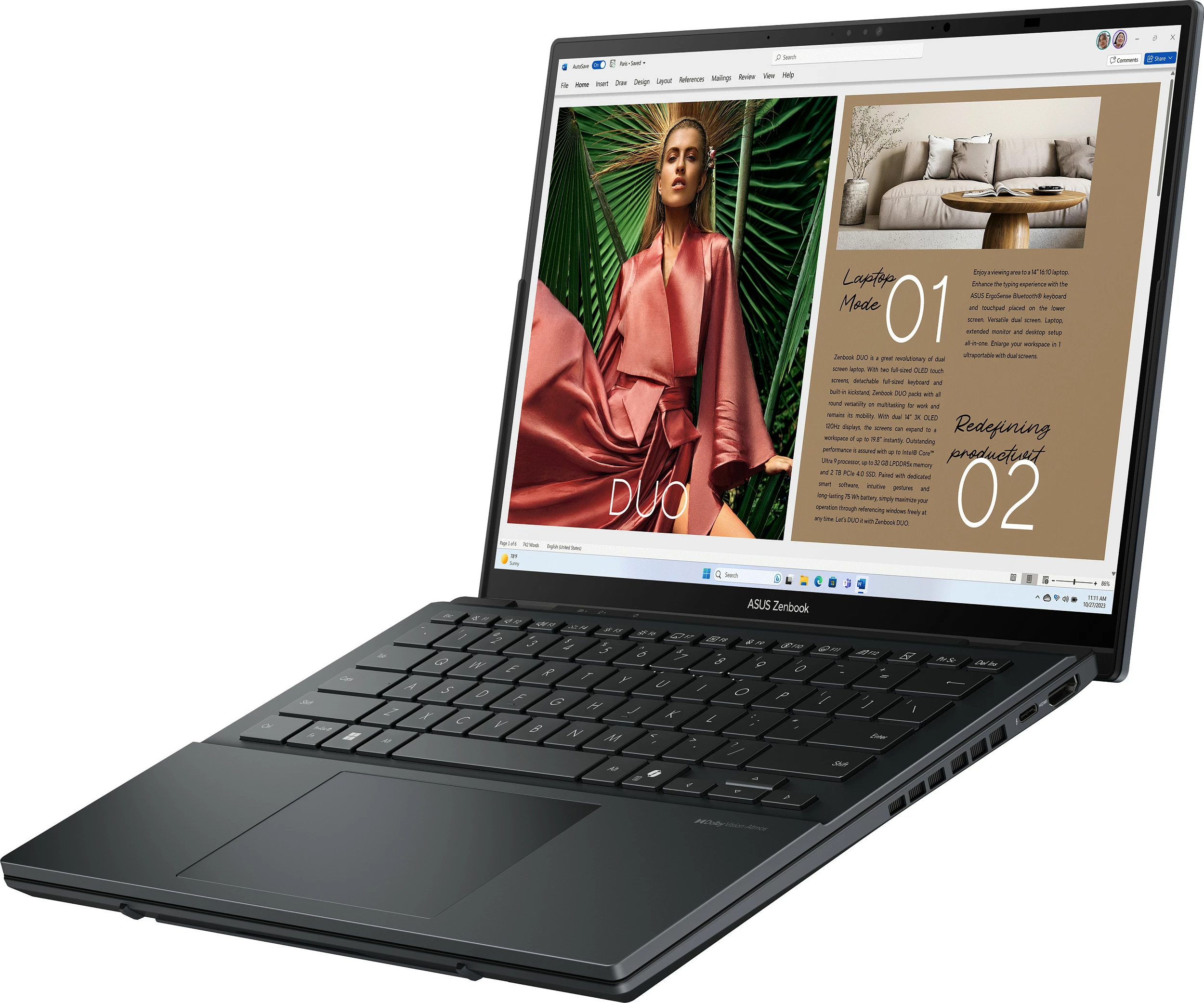 Laptop ASUS Zenbook Duo UX8406CA-QL055W, Core Ultra 9 285H, 16GB RAM, 1TB SSD, 14" OLED, Windows 11 Home, dy ekrane, Inkwell Gray
