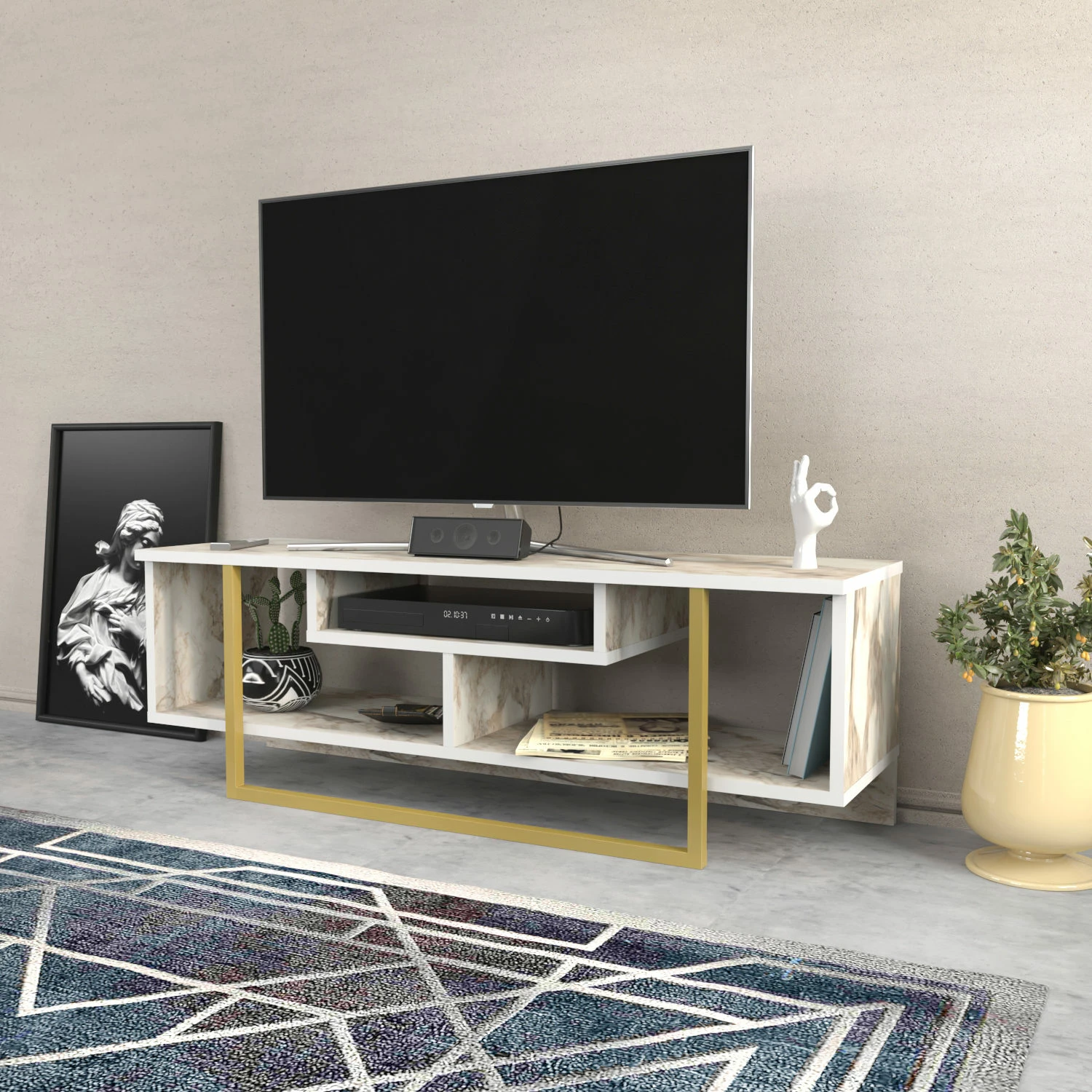 Komodë TV Hanah Home, Asal 120, ngjyrë e bardhë dhe ari, Ephesus