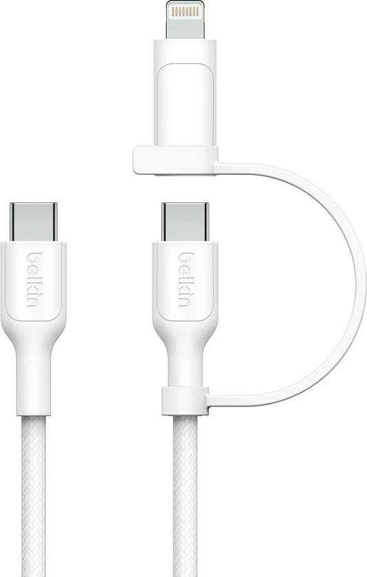 Kabllo karikimi Belkin BoostCharge Pro 2-në-1 USB-C në USB-C/Lightning, 1.5 m, USB PD 60 W, e bardhë