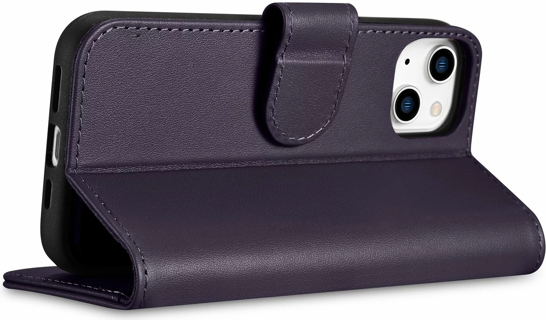 Mbështjellës iCarer Wallet Case 2in1 për iPhone 14 Pro, lëkurë natyrale, Anti-RFID, Vjollcë e errët