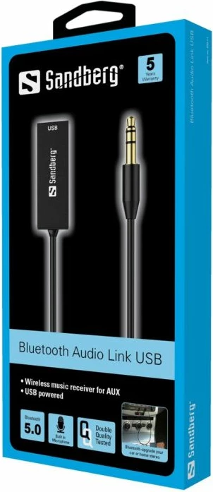 Adapter audio Bluetooth SANDBERG 450-11, Bluetooth 5.0, AUX 3.5mm, furnizim USB, me mikrofon, kabllo 45 cm, i zi, set 2 copë