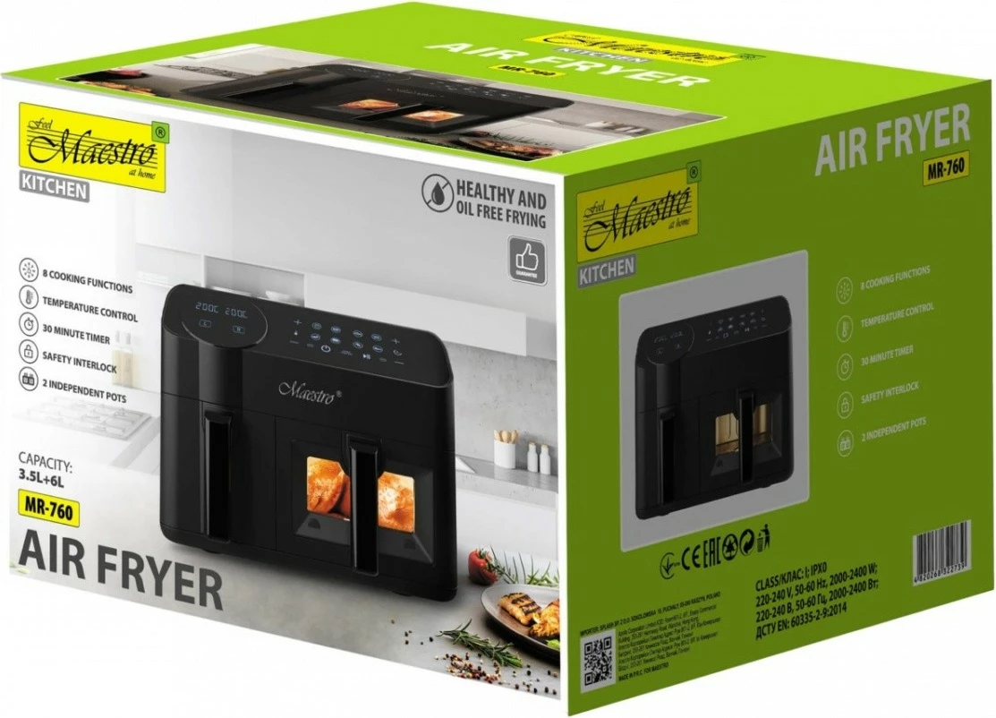 Fritezë me ajër e dyfishtë, Feel-Maestro, MR-760, 9.5L (3.5L+6L), 2400W, 8 programe, ekran LCD, e zezë