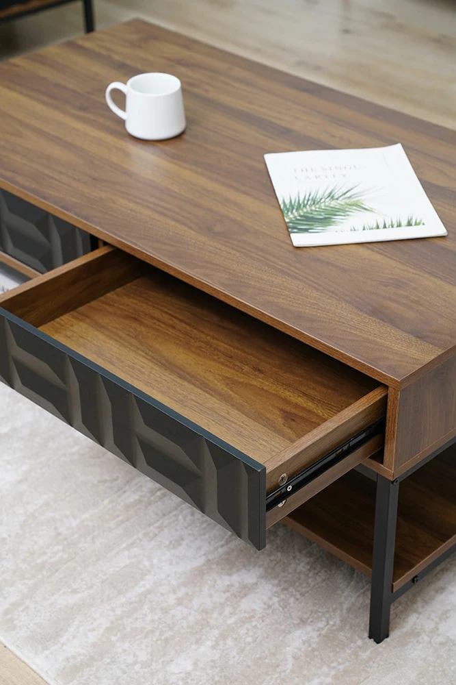 Tavolinë kafeje ZUMA, 2 sirtarë, 3 rafte, ngjyrë arre e zezë, 111.5x60x44 cm