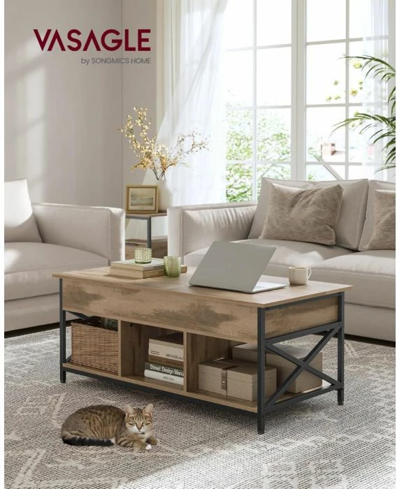 Tavolinë kafeje VASAGLE LCT209K02, 100×50 cm, me kapak ngritës dhe sirtarë, stil industrial, kafe e çelët/zezë