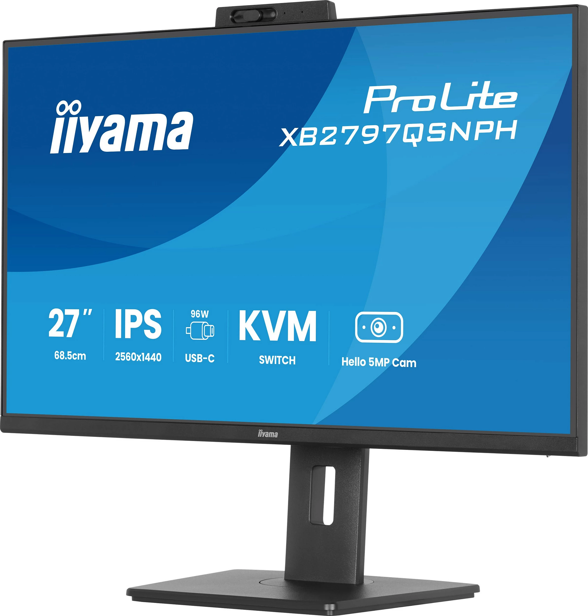Monitor iiyama ProLite XB2797QSNPH-B1, 27" QHD IPS, 75Hz, 1ms, USB-C 96W, HDMI/DisplayPort, kamerë, i zi