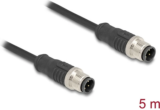 Kabllo DeLOCK M12 D-coded 4-pin, mashkull–mashkull, Cat5e, 5 m, e zezë