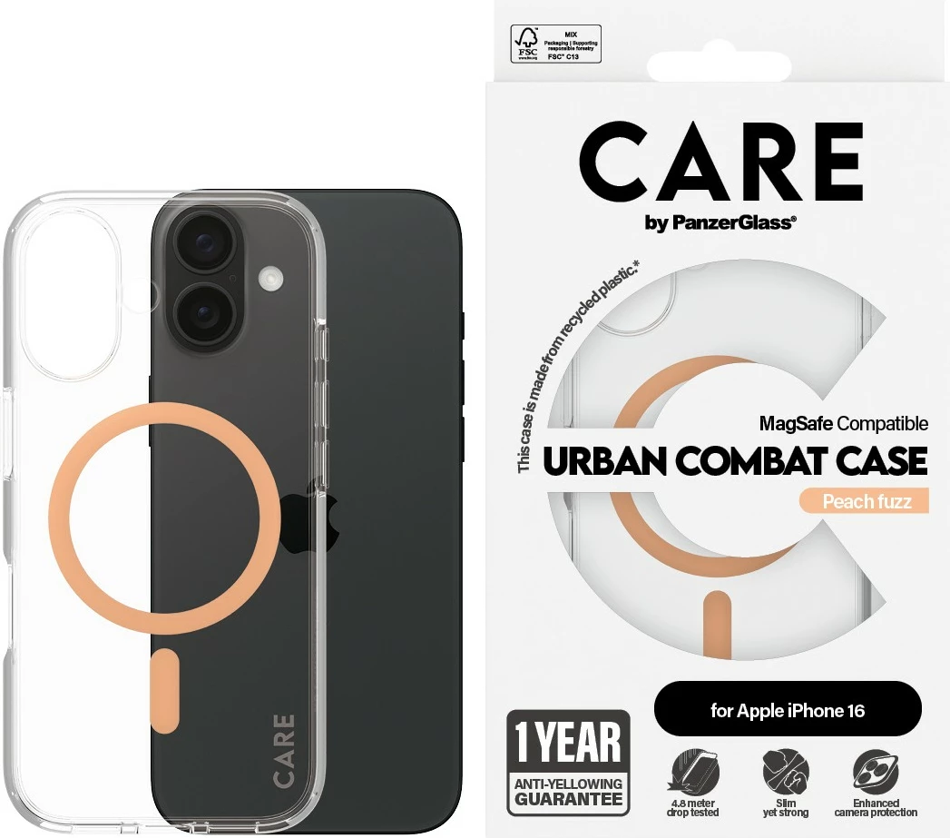 Mbështjellës PanzerGlass CARE Case Flagship Peachy MagSAFE për iPhone 16, transparent