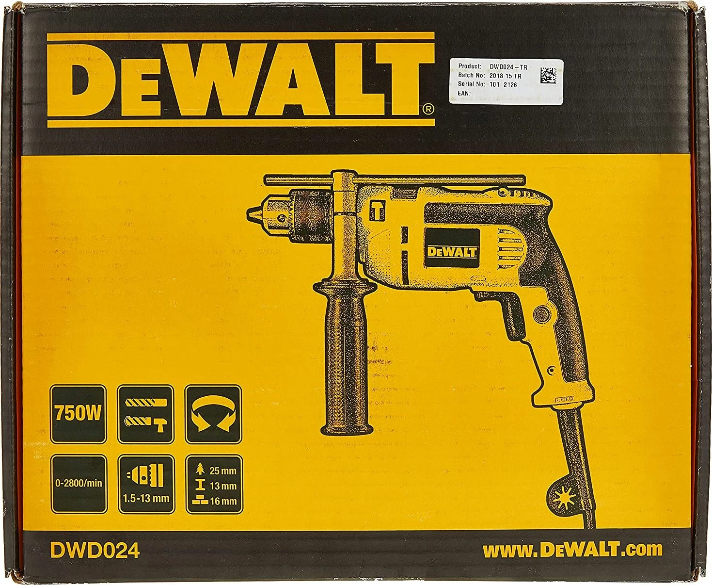 Trapan me goditje Dewalt DWD024 650W, mandrinë 13 mm, me rrymë, i verdhë/zi