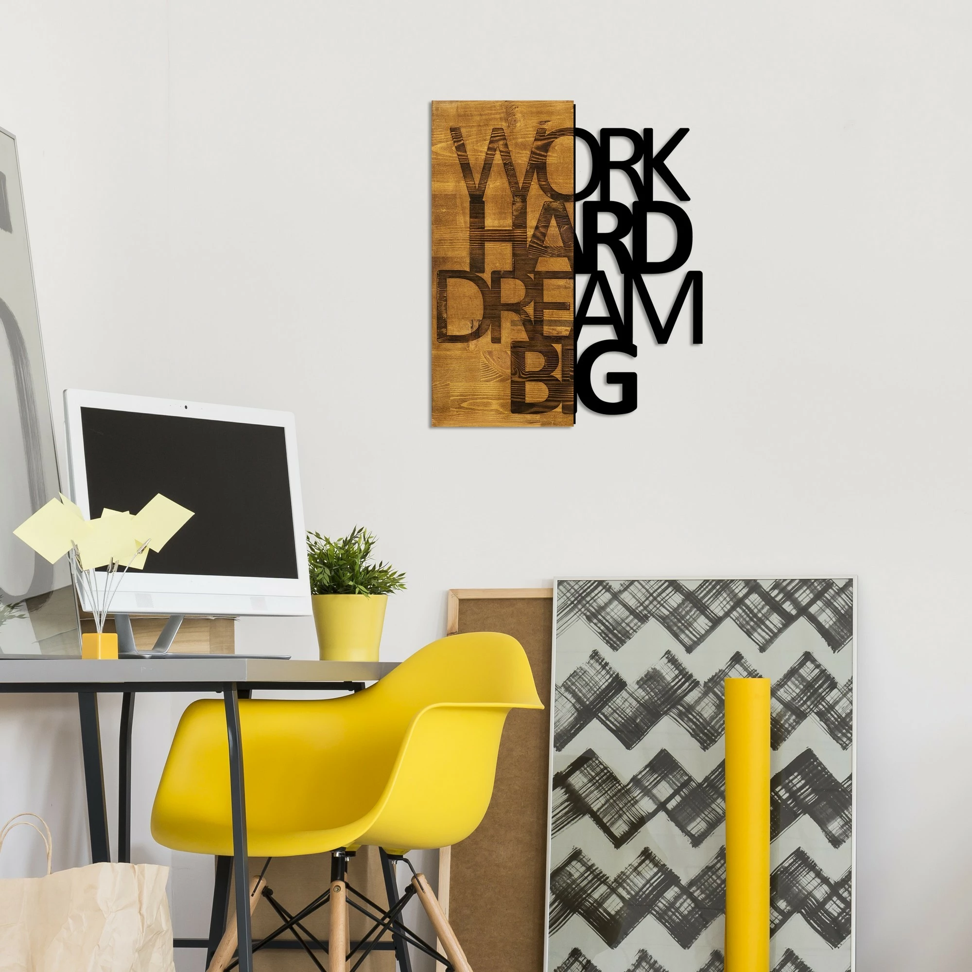 Aksesor dekorativ muri prej druri, Wallity, Work Hard Dream Big, ngjyrë arre dhe e zezë, 48x58cm