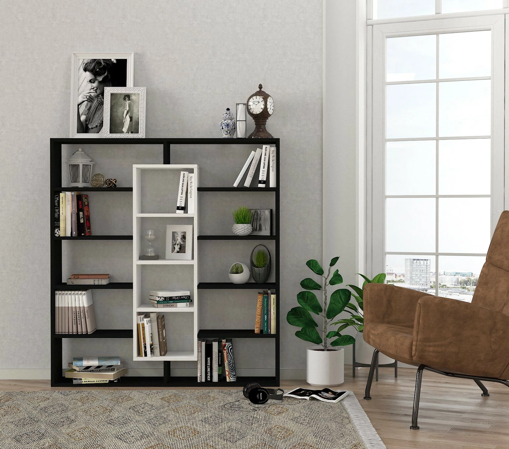 Raft librash Hanah Home, Ample, i zi dhe i bardhë