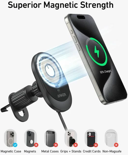 Karikues wireless për veturë, Anker MagGo B2932G11, 15W, me kabllo USB-C të integrume 1.5m, set me adapter 25W, e zezë