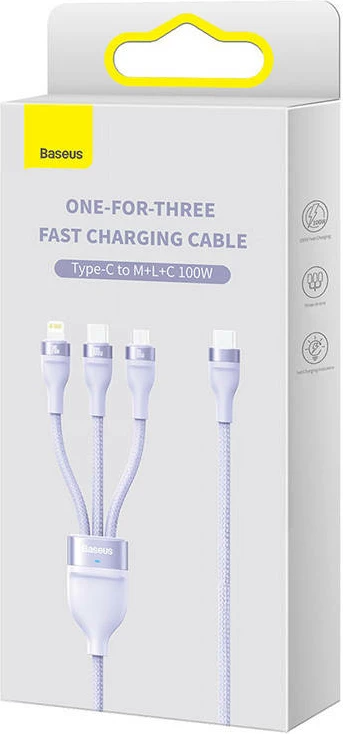Kabllo 3-në-1 Baseus Flash Series 2, 1.5m, 100W, USB-C + micro USB + Lightning, vjollcë