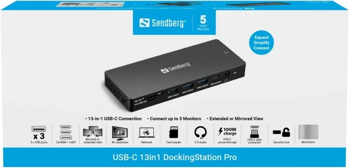 Docking station USB-C Sandberg 136-61, 13-në-1, PD 100W, 10Gbps, 2x HDMI + DP 4K@60Hz, RJ45 1Gbps, alumini, e zezë