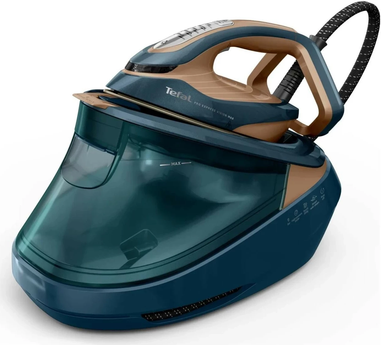 Hekur me gjenerator avulli Tefal Pro Express Vision Max GV9920, 3000W, rezervuar 1.8L, blu/turkuaz