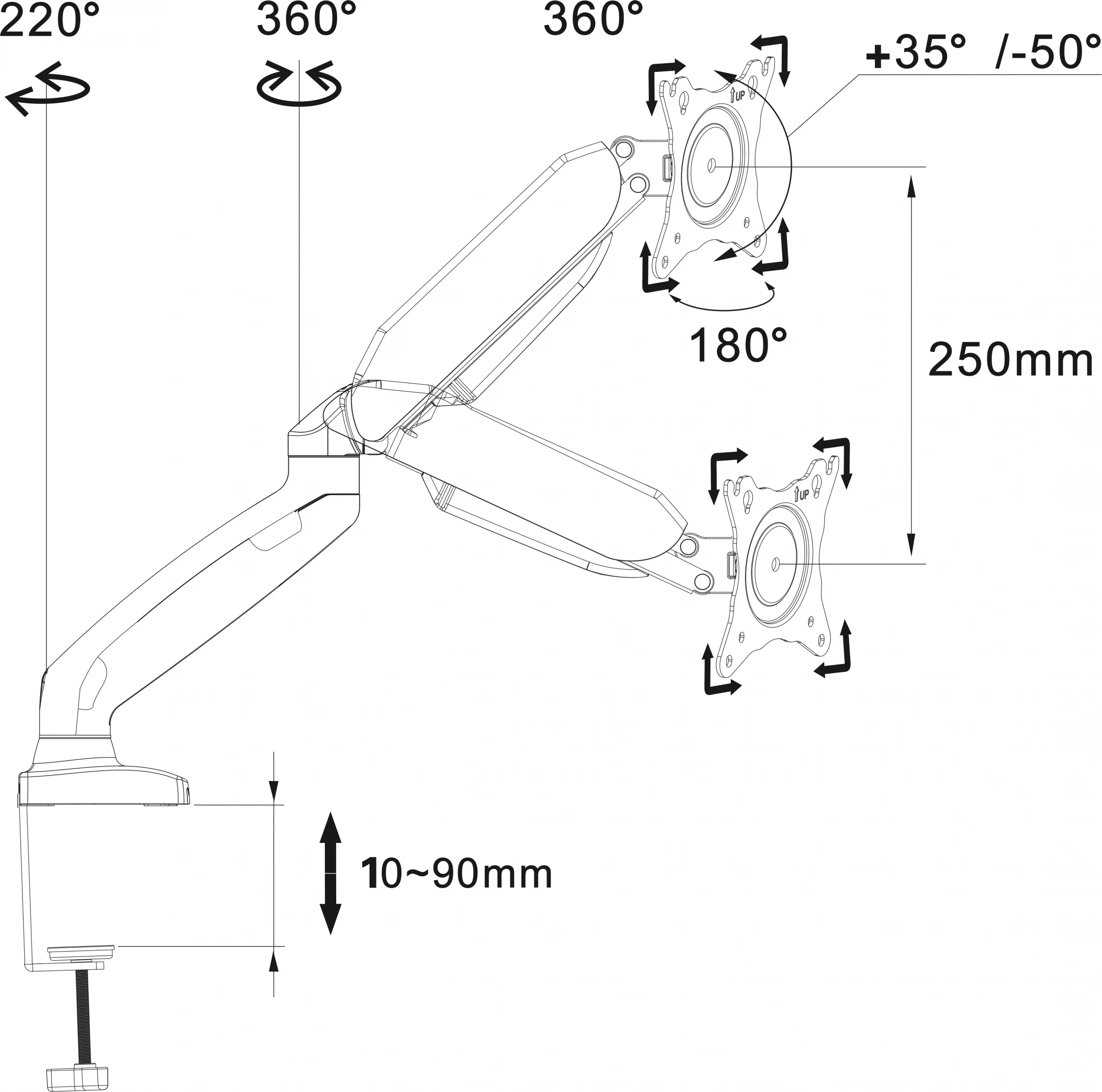 Mbajtëse tavoline për monitor Art L-17GD 10"-32", gaz-spring, deri 9 kg, VESA 75x75/100x100, 2x USB 3.0, e zezë