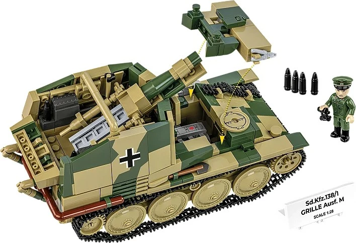 Set blloqe ndërtimi, Cobi, COBI-2665 Sd.Kfz.138/1 Grille Ausf. M, 720 elemente, shkallë 1:28, me figurë, kamuflazh jeshile