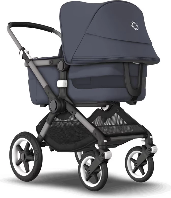 Bugaboo fox 3 carrycot and stroller with graphite frame, stormy blue fabrics and canopy