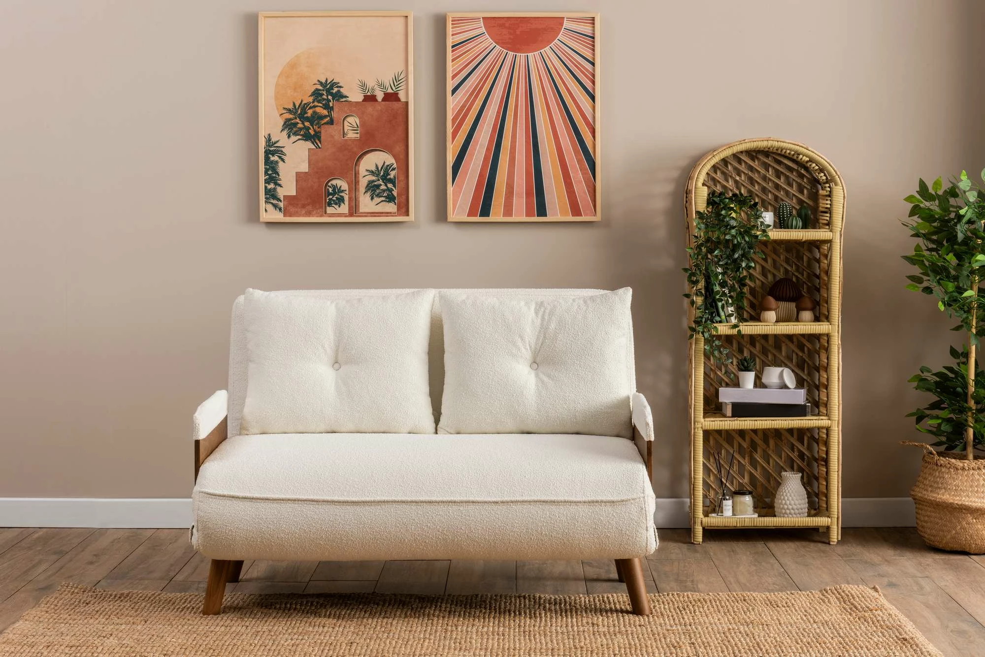 Divan 2-ulësesh, shndërrohet në shtrat, Cosmo, teddy i bardhë