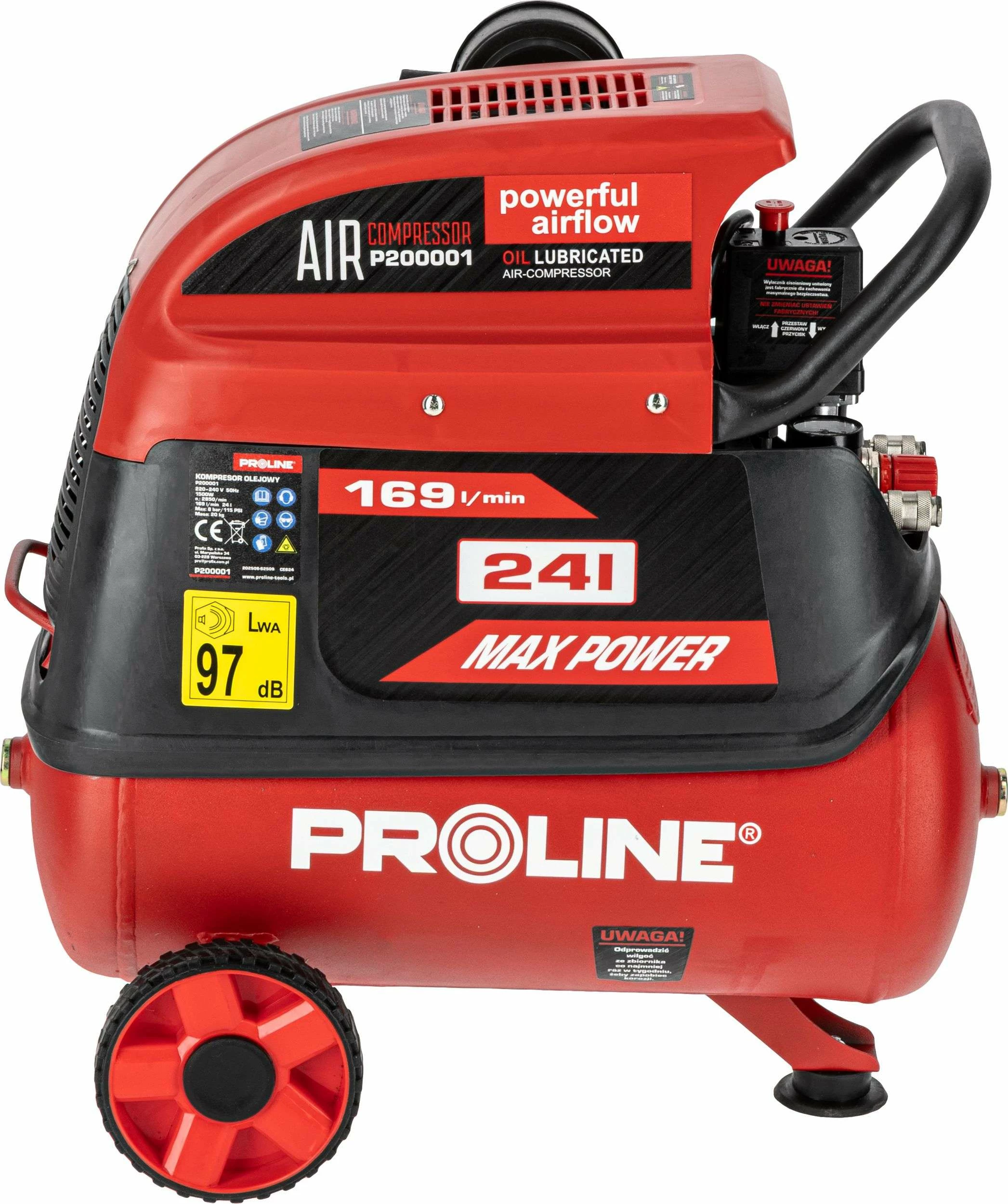Kompresor ajri me vaj PROLINE P200001 24L 1500W/2HP 8 bar 169 l/min, set me aksesorë