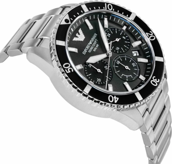 Orë dore meshkujsh Emporio Armani World Explorer AR11739, e zezë/argjendtë, set me kuti