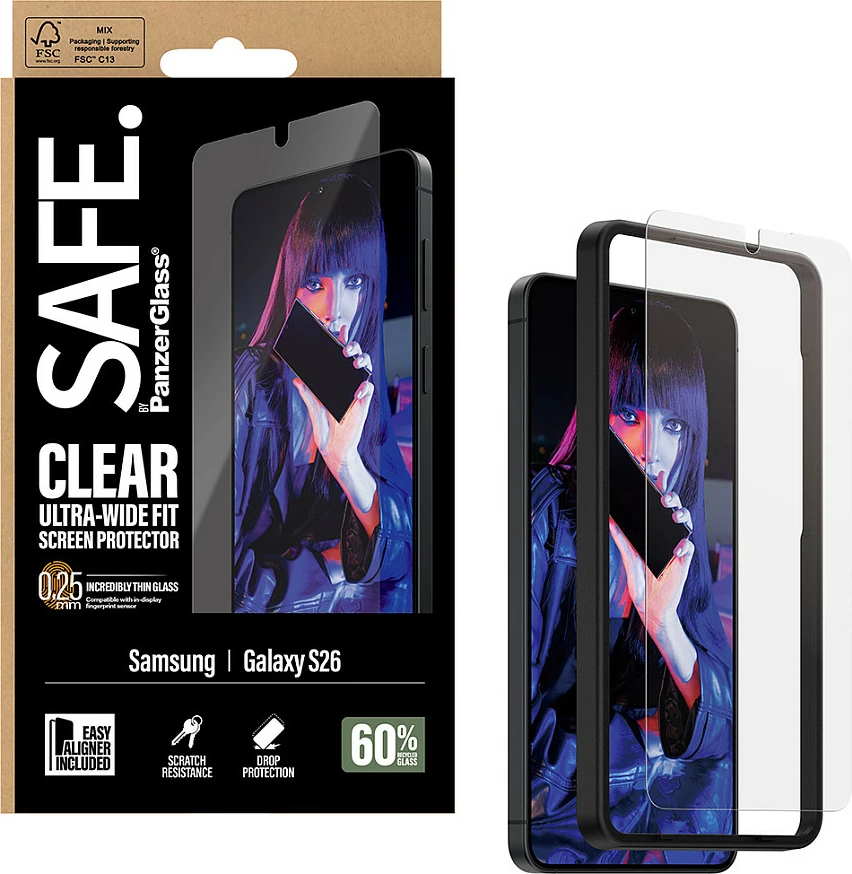 Mbrojtëse ekrani PanzerGlass SAFE., për Samsung Galaxy S26, Ultra-Wide Fit, EasyAligner, transparente