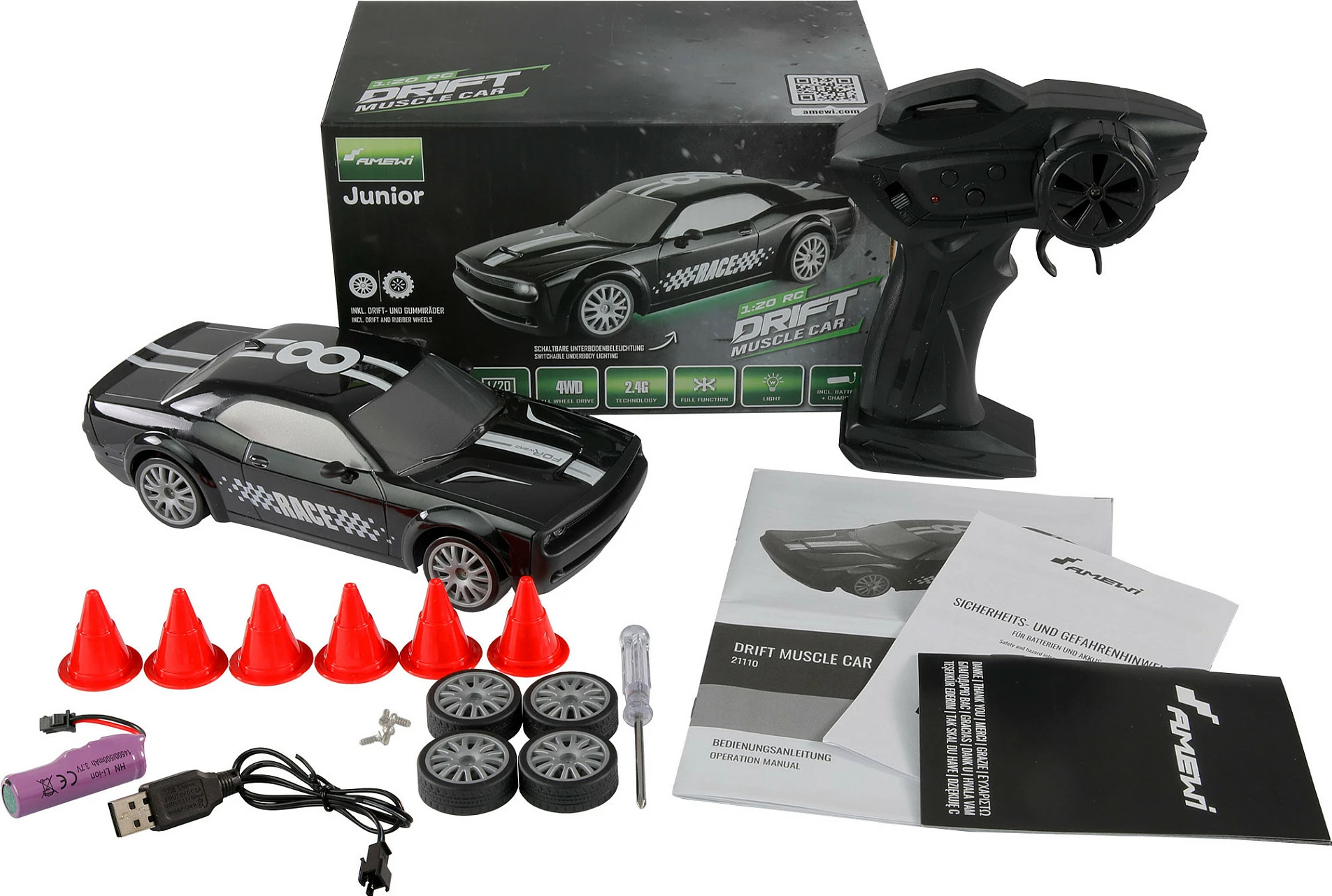 Vetura drift me telekomandë AMEWI 21110, 1:20, 4WD, 2.4 GHz, 500 mAh, e zezë