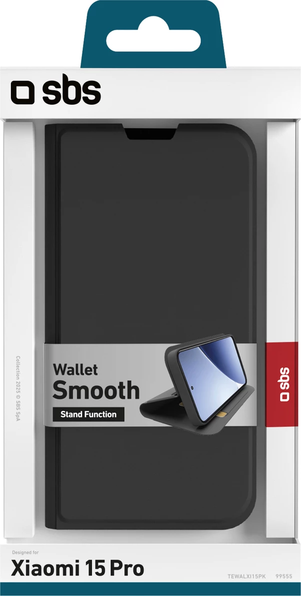 Mbështjellës SBS Wallet Smooth për Xiaomi 15 Pro, me kapak flip, me stand, me xhep karte, i zi