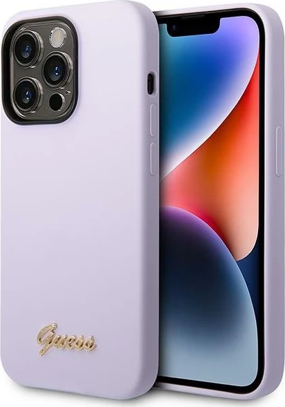 Mbështjellës Guess GUHCP14LSLSMU për iPhone 14 Pro 6.1", silikon, Vintage Gold Logo, vjollcë