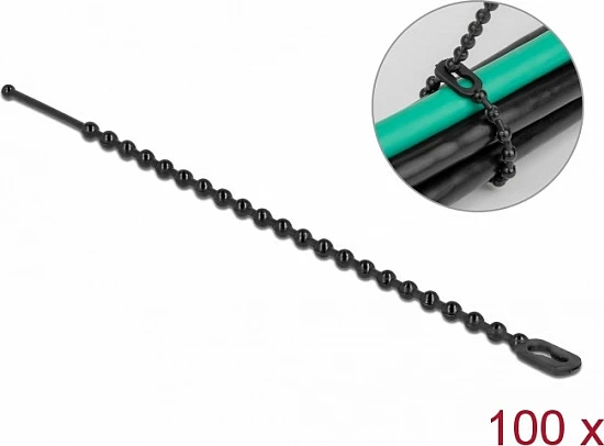 Lidhëse kabllosh DeLOCK beaded, 100mm x 2.4mm, e ripërdorshme, 100 copë, e zezë