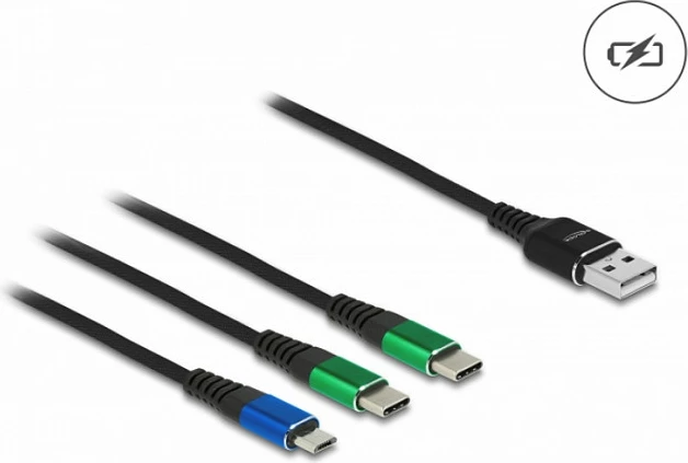 Kablë karikimi DeLOCK 3 në 1 USB-A në Micro-USB + 2x USB-C, 1 m, 3 A, USB 2.0, zezë/kaltër/gjelbër