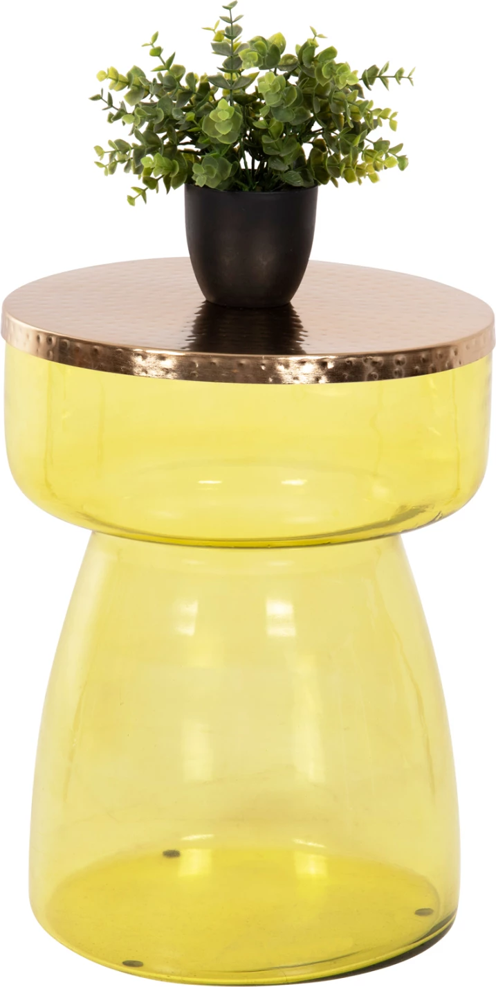 Tavolinë anësore RANE, bazë qelqi e gjelbër e lehtë, sipërfaqe metalike në ar, Φ36x47H cm