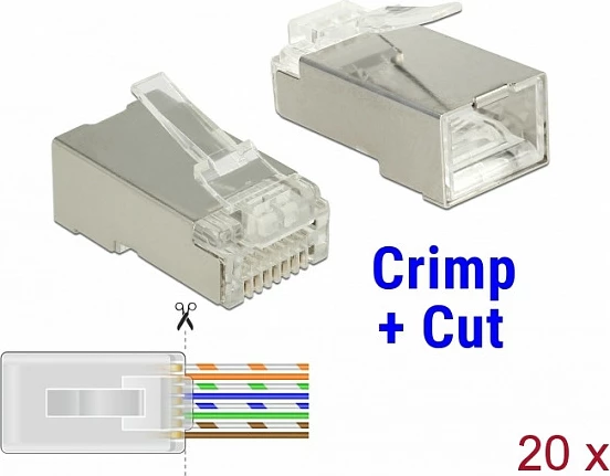 Konektor RJ-45 DeLOCK 86454, Cat6 U/FTP (STP), Crimp+Cut, 20 copë, transparent