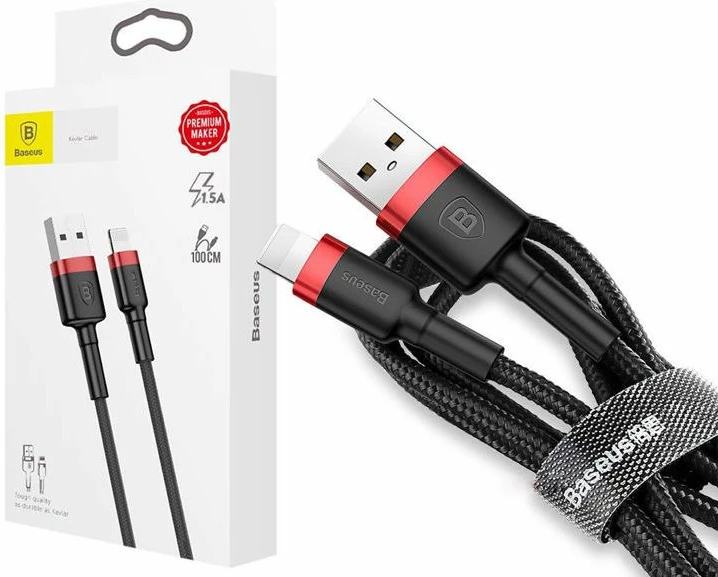 Kabllo USB-A në Lightning Baseus 31652-uniw 1 m 2.4A USB 2.0 e thurur najlon, zi-kuqe