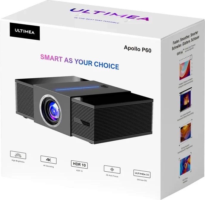 Projektor Ultimea Apollo P60 1080p, 900 ANSI, Wi‑Fi, Bluetooth 5.3, HDR10, altoparlantë 30W, e zezë, set me telekomandë