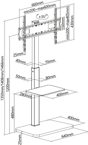Stativ dyshemeje për TV EQUIP 650613, 37-75", VESA 600x400, 40 kg, i zi