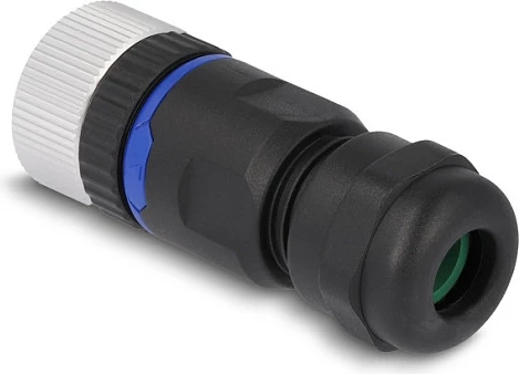 Konektor DeLOCK M12 A-coded 5-pin femër, cross-connector, IP67, metal, lidhje me vida, zi/argjend