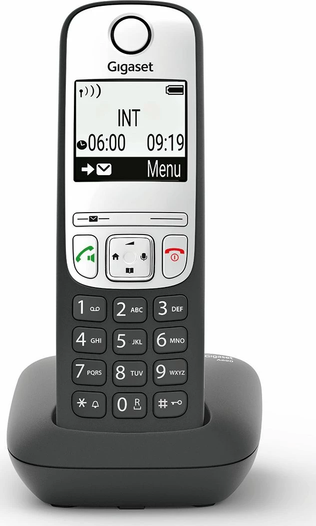Telefon fiks pa tela Gigaset A690, libër telefoni 100 kontakte, ekran monokrom, SMS, speakerphone, i zi/argjendtë