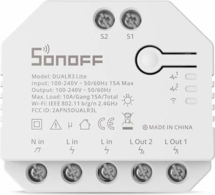 Switch smart Wi‑Fi SONOFF DUALR3 Lite 2-kanal 10A, kontroll motor/perde, i bardhë