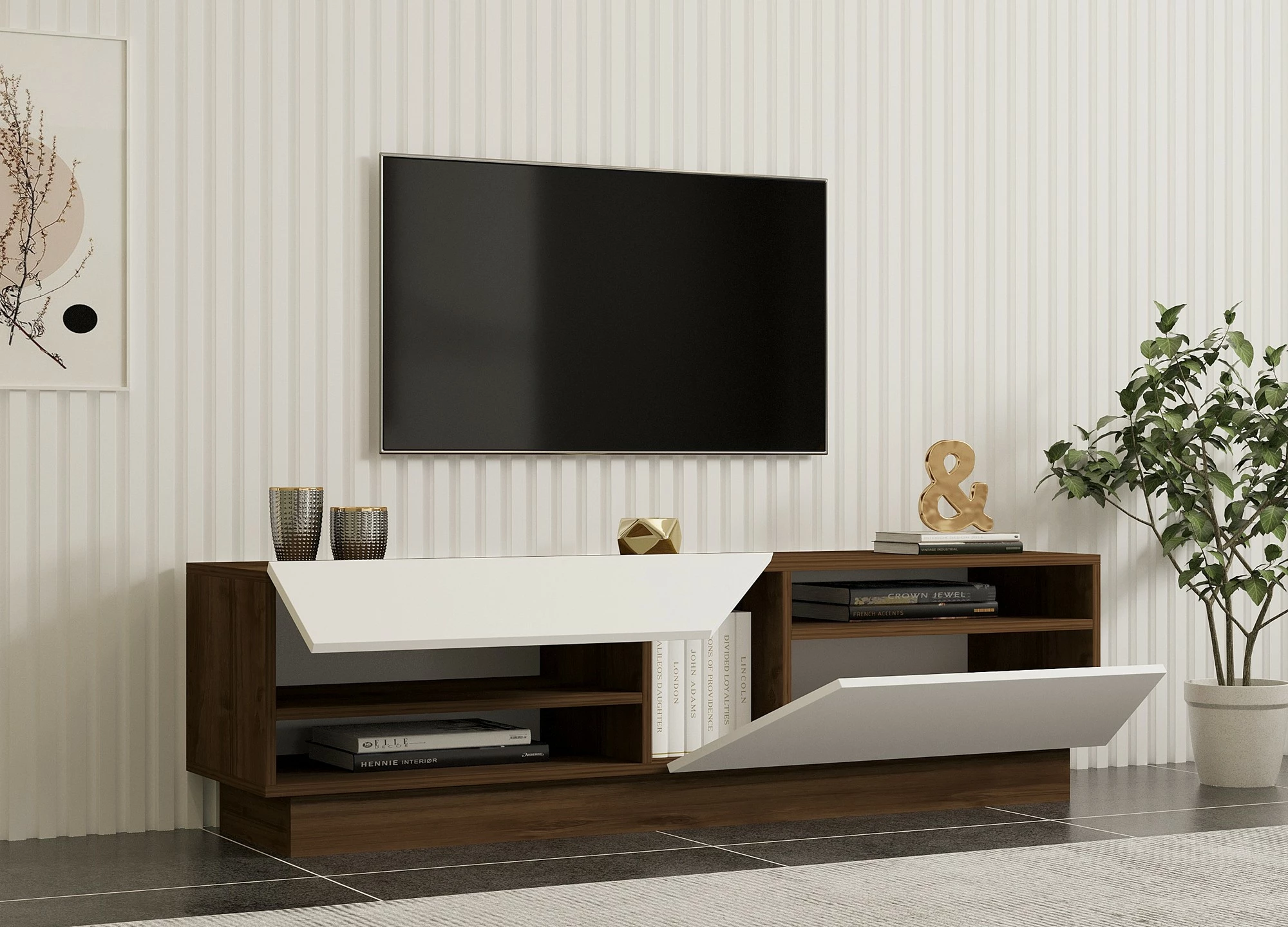 Komodë TV Hanah Home, Koza, ngjyrë arrë dhe e bardhë