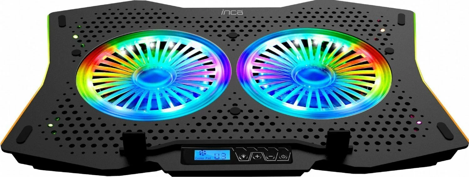 Stendë ftohëse për laptop Inca INC-606TGS, 10-18", 2 ventilatorë RGB, LCD panel, e zezë