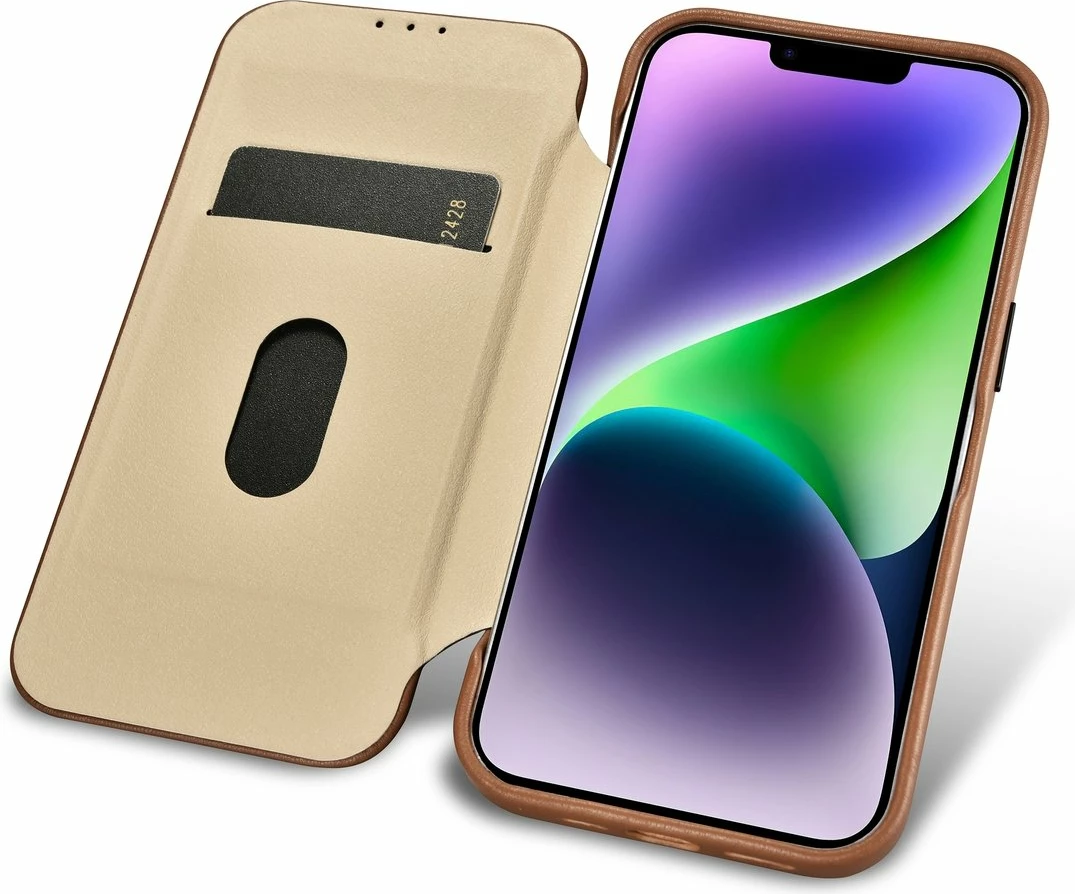 Mbështjellës lëkure iCarer CE Premium Folio për iPhone 14, MagSafe, kafe