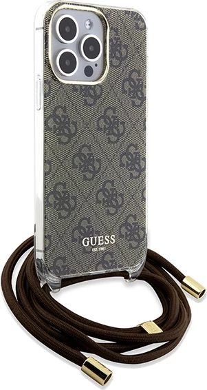 Mbështjellës Guess Crossbody Cord 4G Print për iPhone 15 Pro Max, Kafe