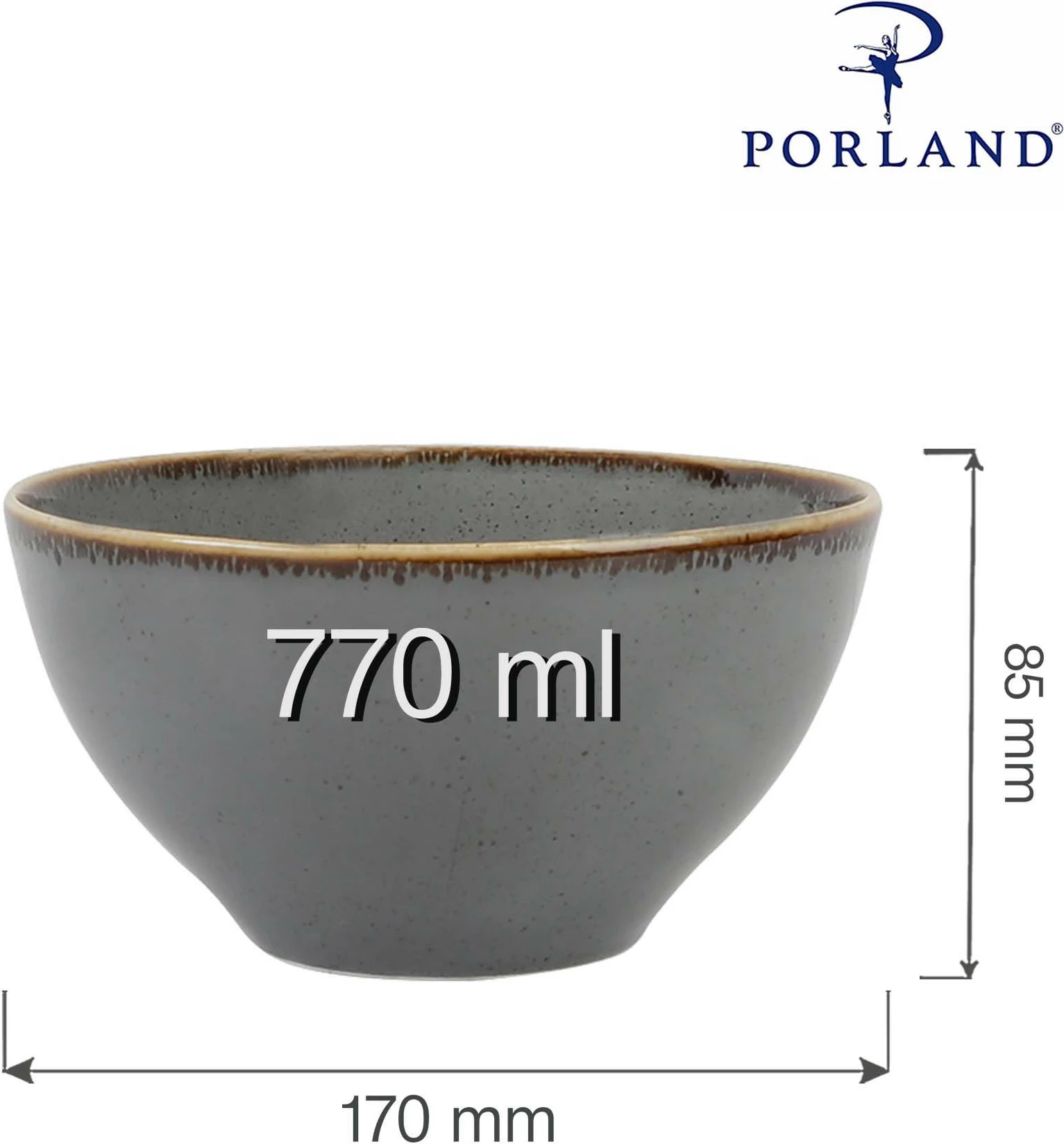 Tas porcelani Porland Seasons Stone 770 ml 160x160 mm, gri e errët, set 6 copë