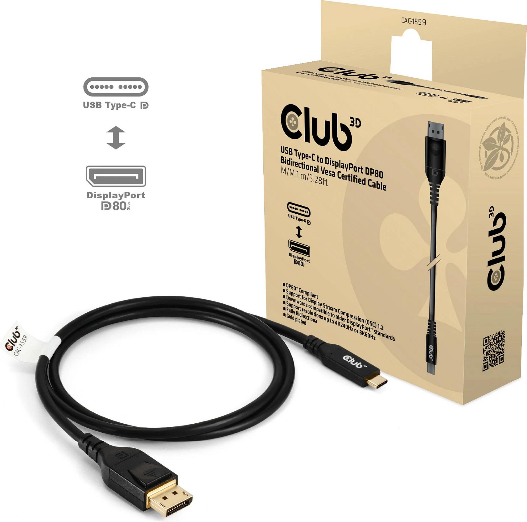Kabllo USB Type-C në DisplayPort Club3D 1m 10K60Hz e zezë